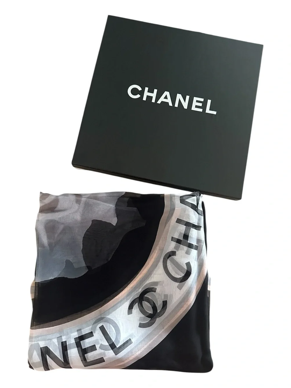 CHANEL Camellia Logo Silk Chiffon Scarf 38x39 w/ Box